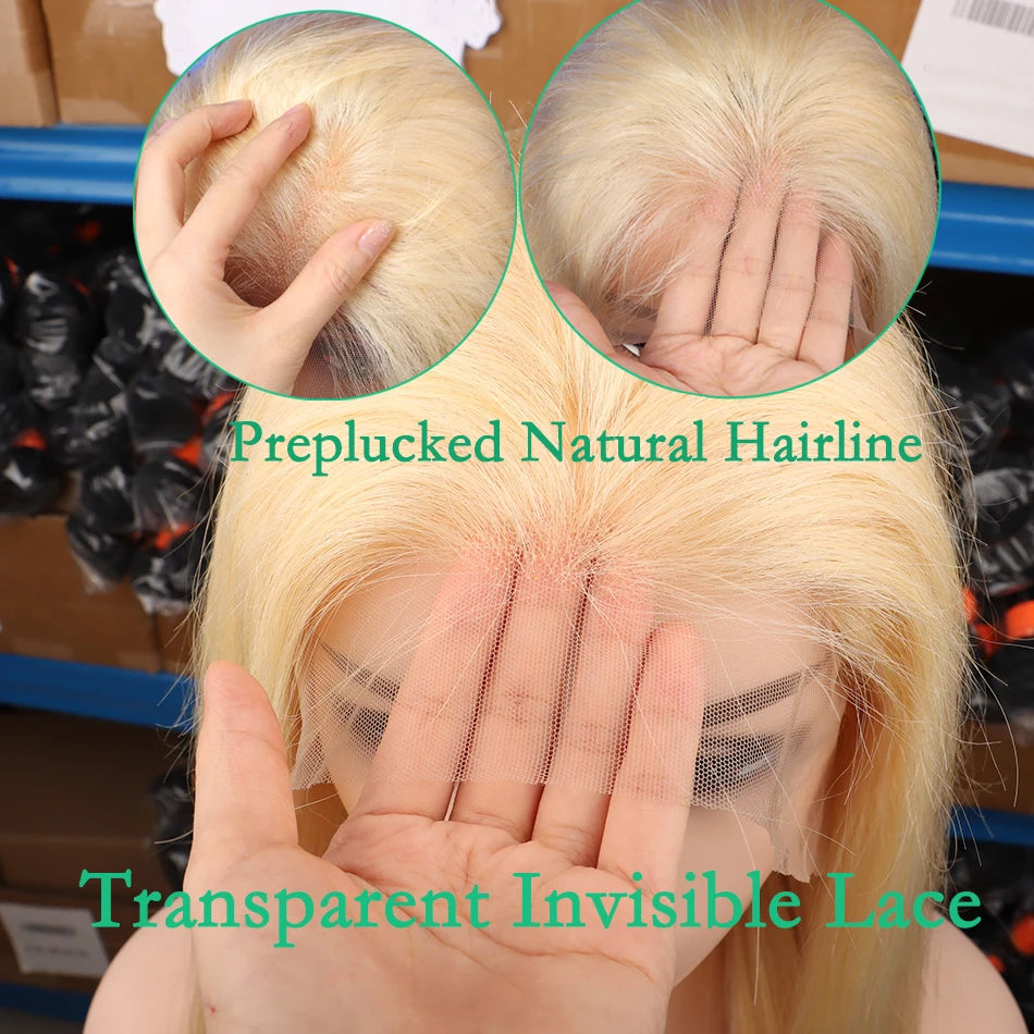 13x4 Transparent Lace Front Wigs #613 Blonde Color Straight Human Hair 200% Bleached Knots Preplucked Invisible Lace Human Hair