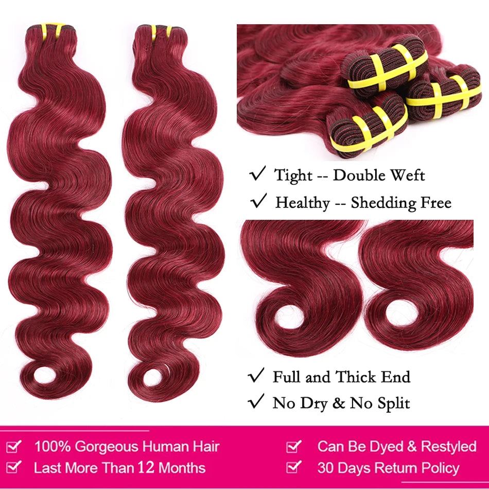 Burgundy #99j Color Body Wave Human Hair Bundles 16-30Inch 100% Vietnamese Raw Virgin Wavy Human Hair Weave Extensions For Women