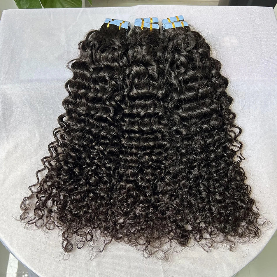PU Tape In Hair Extensions Deep Curly Human Hair 4x0.8 cm Seamless Weft Hand Tied Adhesives Tape-Ins 100grams Wavy Virgin Hair