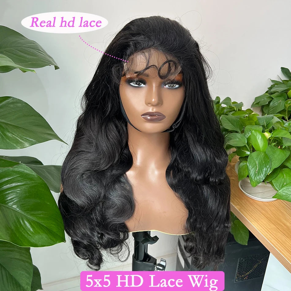 Body Wave 5x5 Hd Lace Closure Wig Human Hair Preplucked Transparent Lace 200 Density Natural Black Color Raw Virgin Hair Wigs