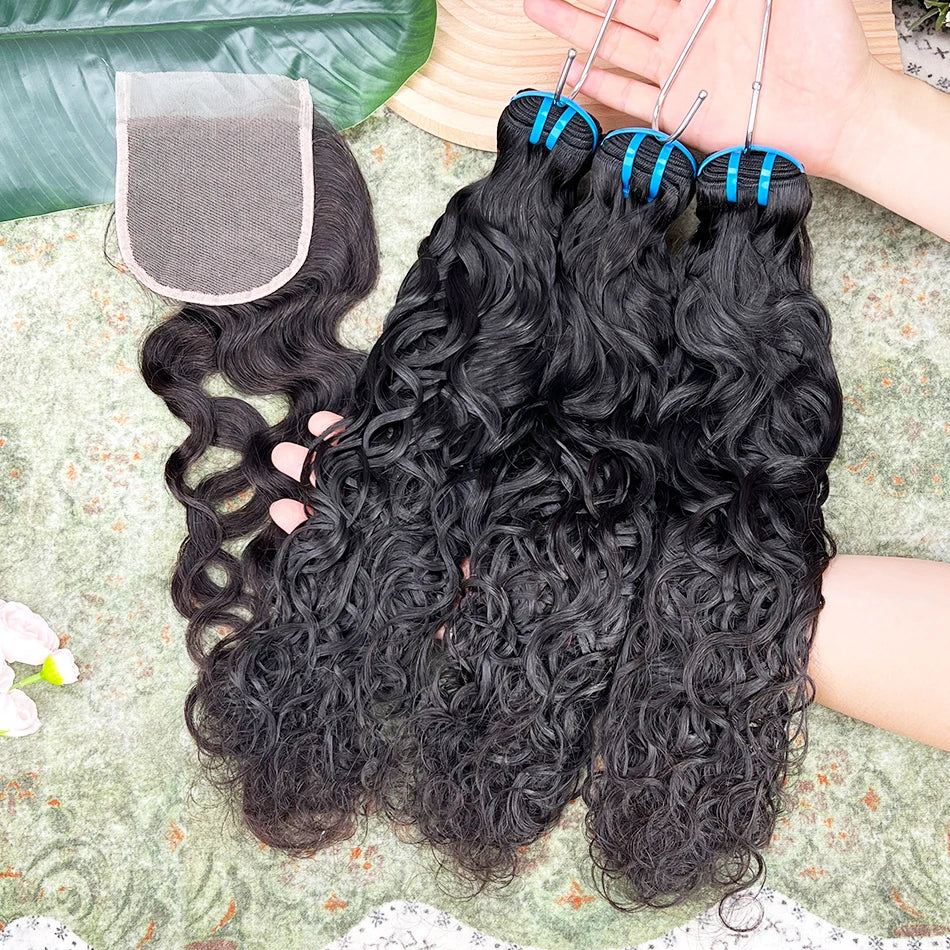 Human Hair Bundles With 4x4 Transparent Lace Closure 18A Natural Wave #1B Natural Black Color 100% Virgin Hair Weave Extensions