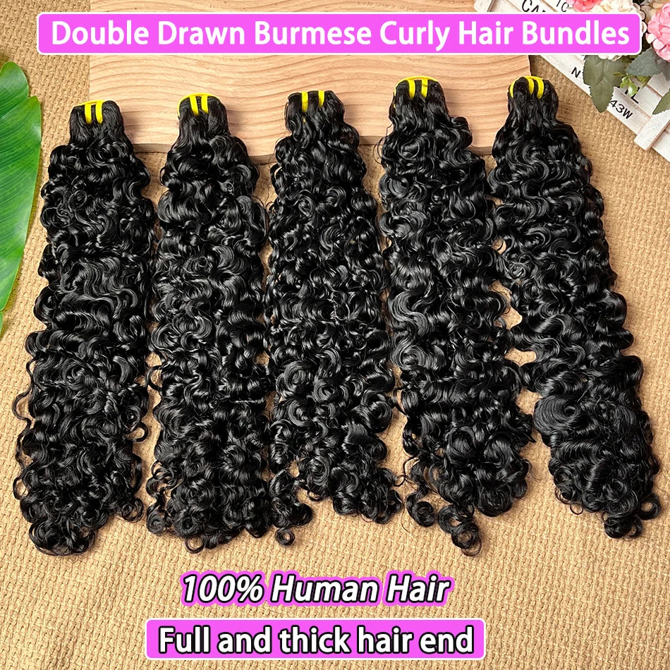 Double Drawn Burmese Curly Human Hair Bundles #1B Natural Color 100% Raw Virgin Vietnamese Hair Weave Extensions 1 2 3 4 PCS