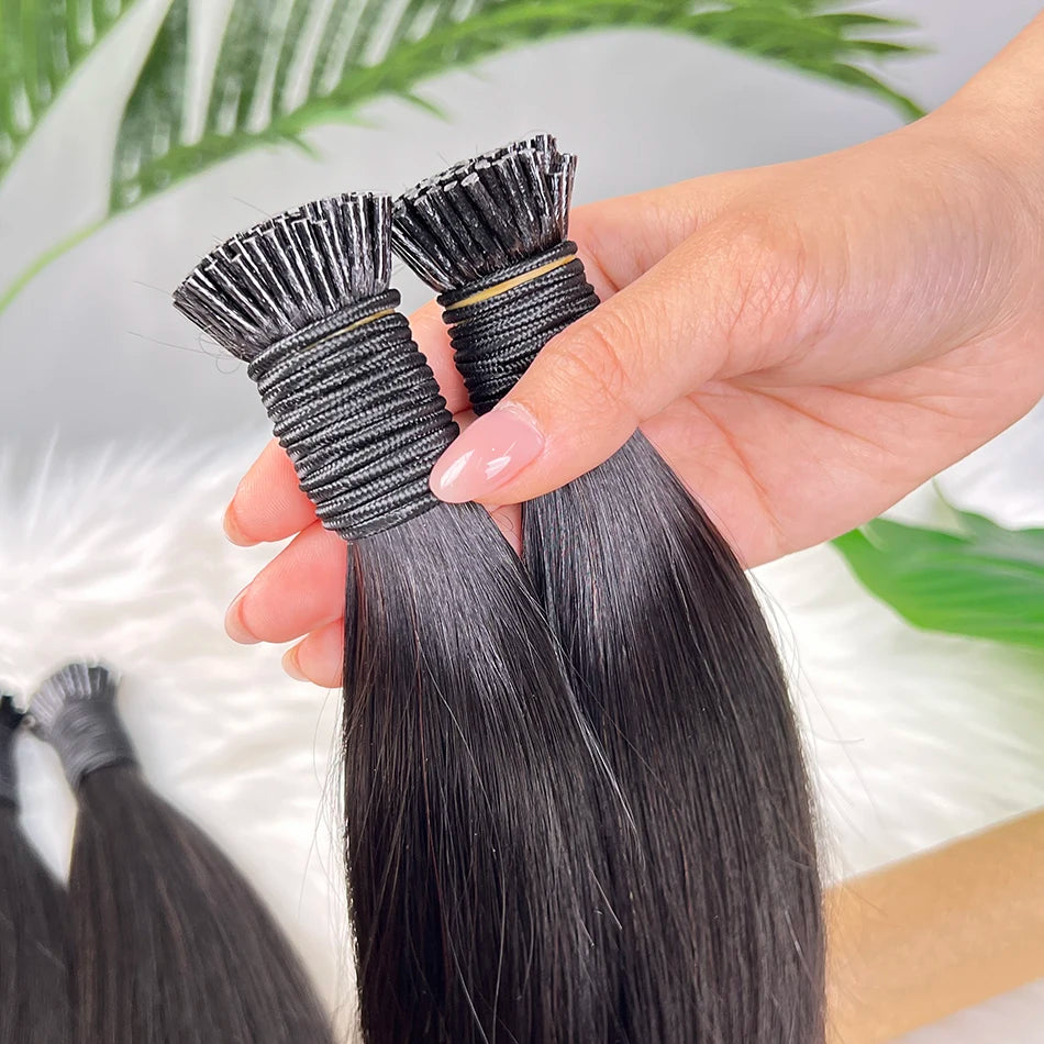 Straight Ponytail I-Tip Hair Extensions 100% Human Hair Genius Weft #1B Natural Black Color 100 Grams Vietnamese Virgin Hair
