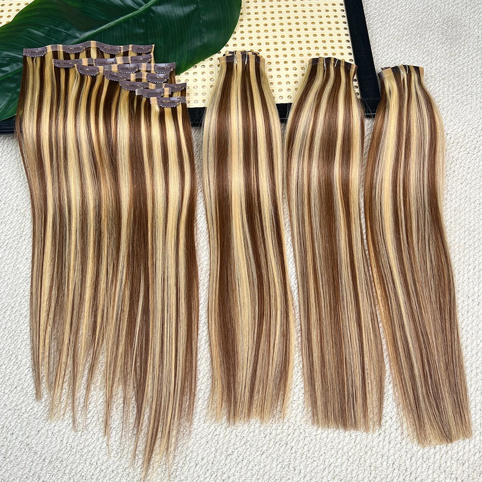 Straight P4/27 Highlight Color Clip ins Human Hair Extensions 100 Grams 7Pcs/Set Seamless PU Weft Clips in Vietnamese Human Hair
