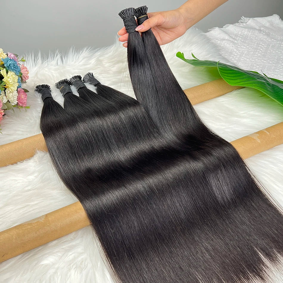 Straight Ponytail I-Tip Hair Extensions 100% Human Hair Genius Weft #1B Natural Black Color 100 Grams Vietnamese Virgin Hair