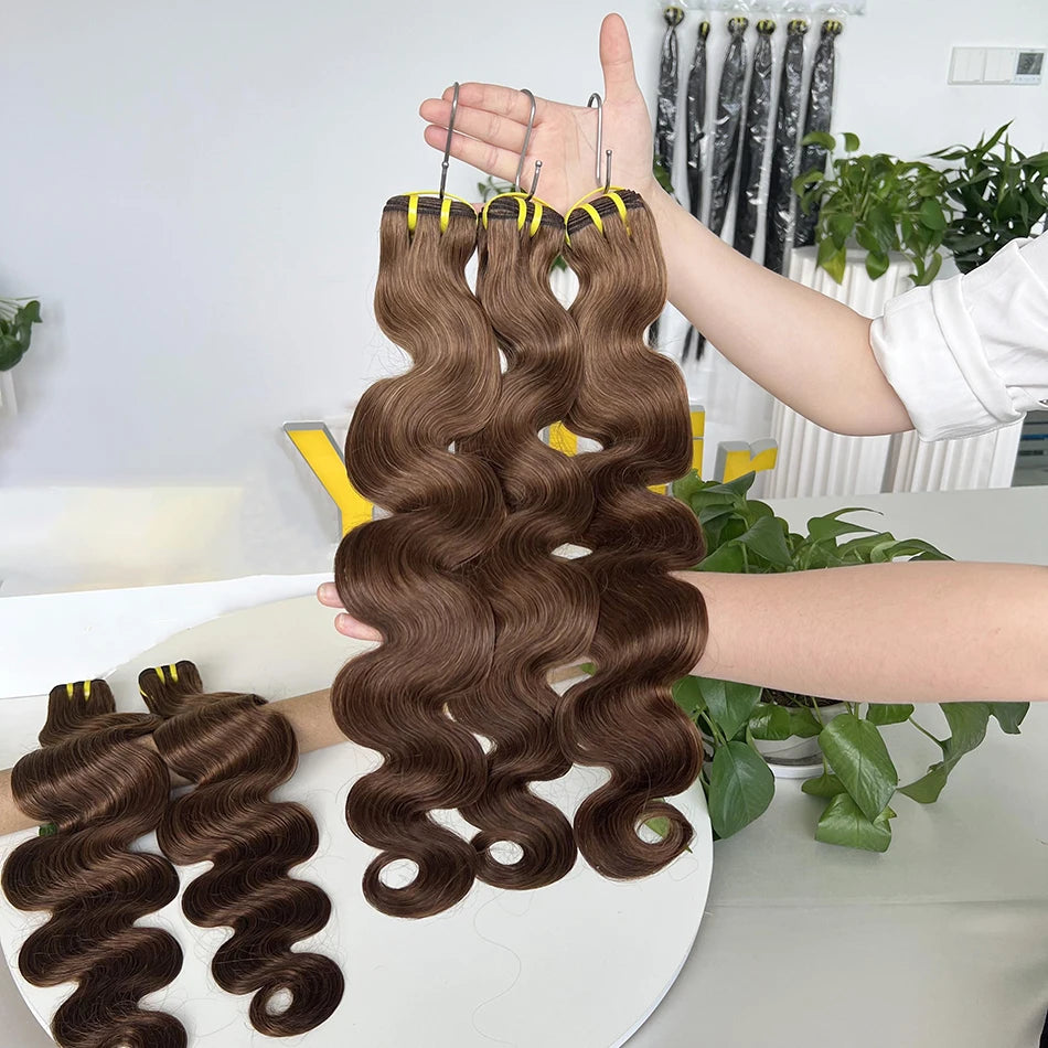 #4 Brown Colored Body Wave Human Hair Bundles 100% Virgin Human Hair Extensions Weaving Wavy 100 Grams 18-30 Inch For Women