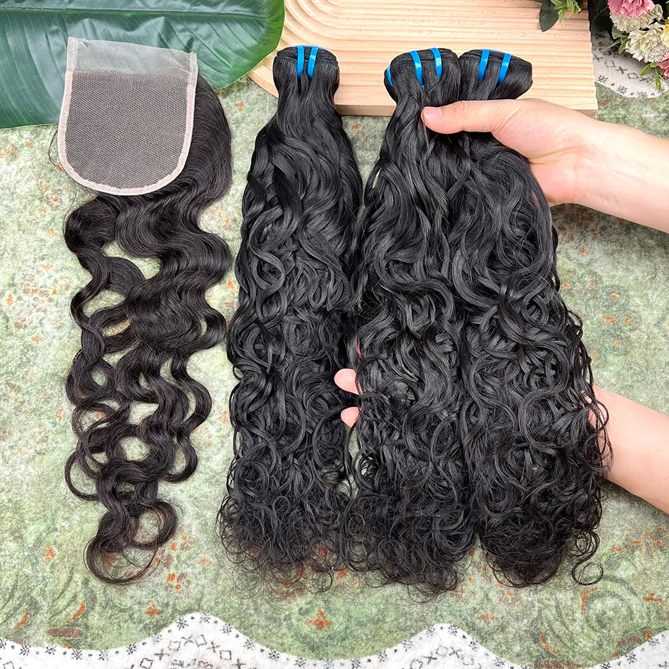 Human Hair Bundles With 4x4 Transparent Lace Closure 18A Natural Wave #1B Natural Black Color 100% Virgin Hair Weave Extensions