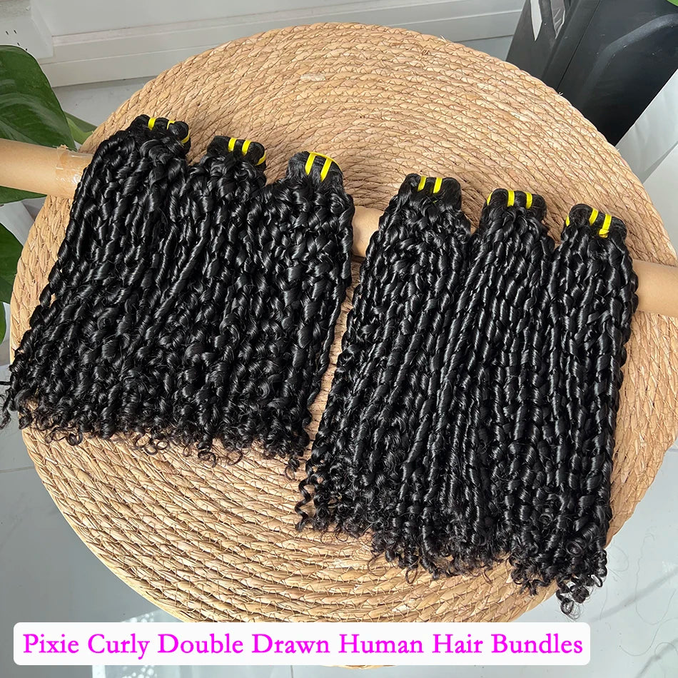 Double Drawn Pixie Curly Human Hair Bundles #1B Natural Color Bouncy Curly 100% Unprocessed Raw Human Hair Weave Extensions