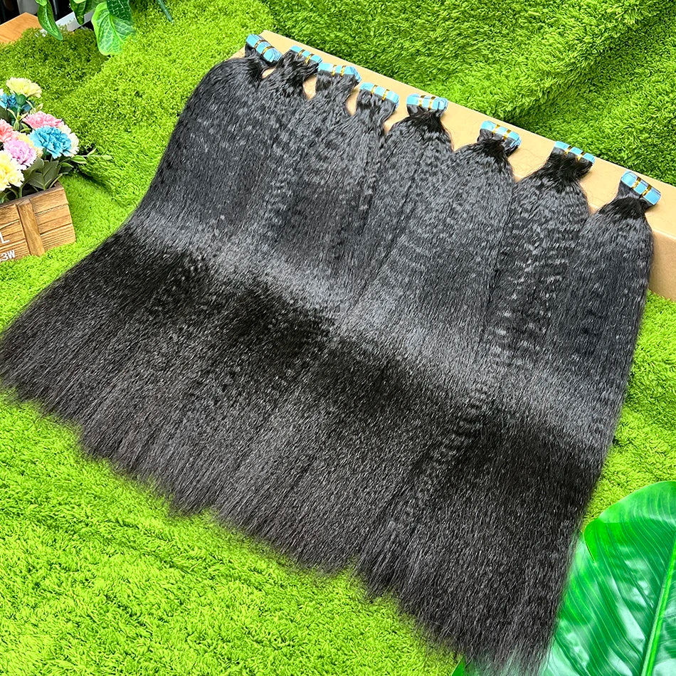 Kinky Straight Double Drawn Tape-Ins 100% Human Hair Extensions Seamless Invisible PU Tape 100grams #1B Natural Color Hair