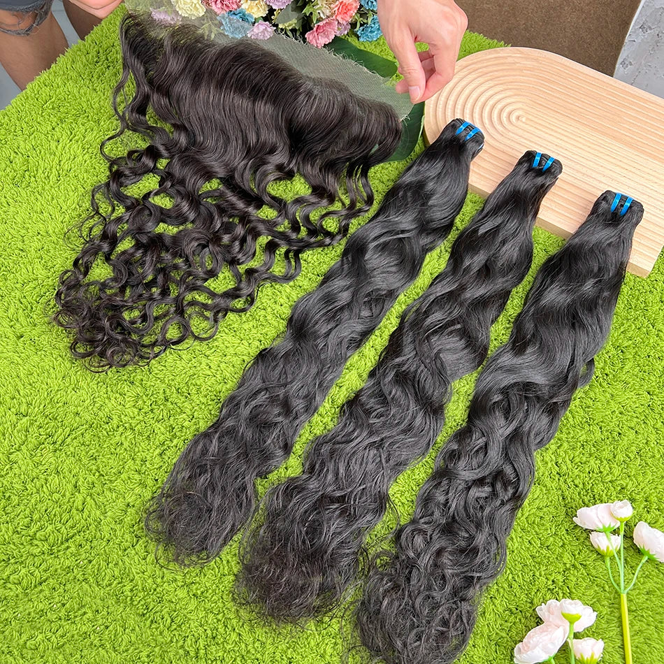 18A Natural Wave Hair Bundles With 13x4 HD Lace Frontal #1B Natural Black Color 100% Raw Virgin Human Hair Weave Extensions