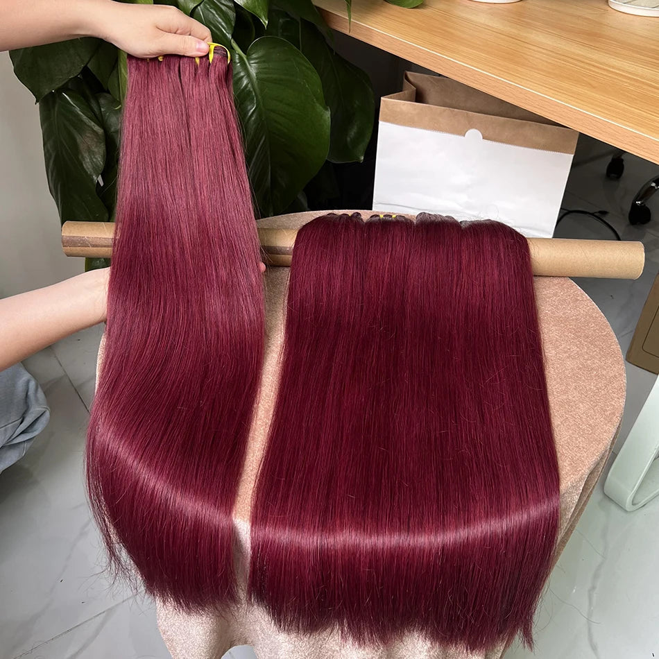 Double Drawn #99j Burgundy Colored Straight Human Hair Bundles 100% Virgin Hair Weaving Extensions 100g 1/2/3/4 pcs For Women