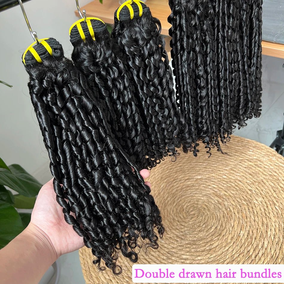 Double Drawn Pixie Curly Human Hair Bundles #1B Natural Color Bouncy Curly 100% Unprocessed Raw Human Hair Weave Extensions