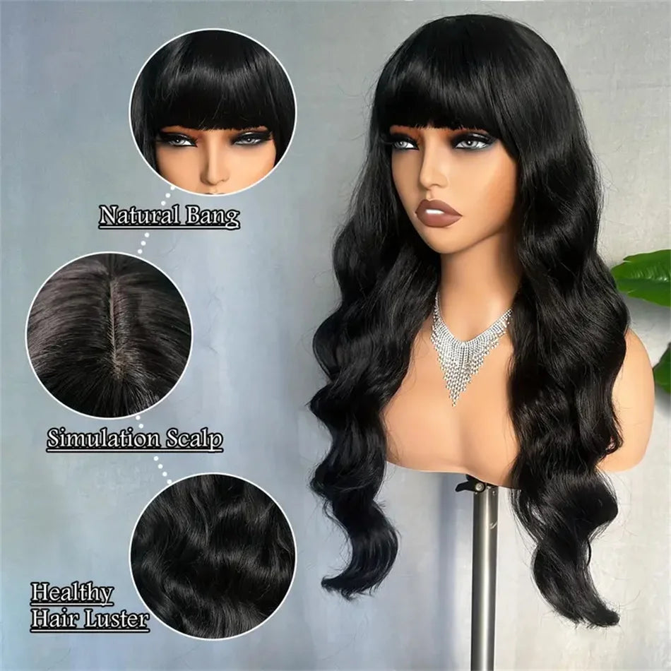 Body Wave Wig with Bangs — 32 Inch, Full Machine Made
