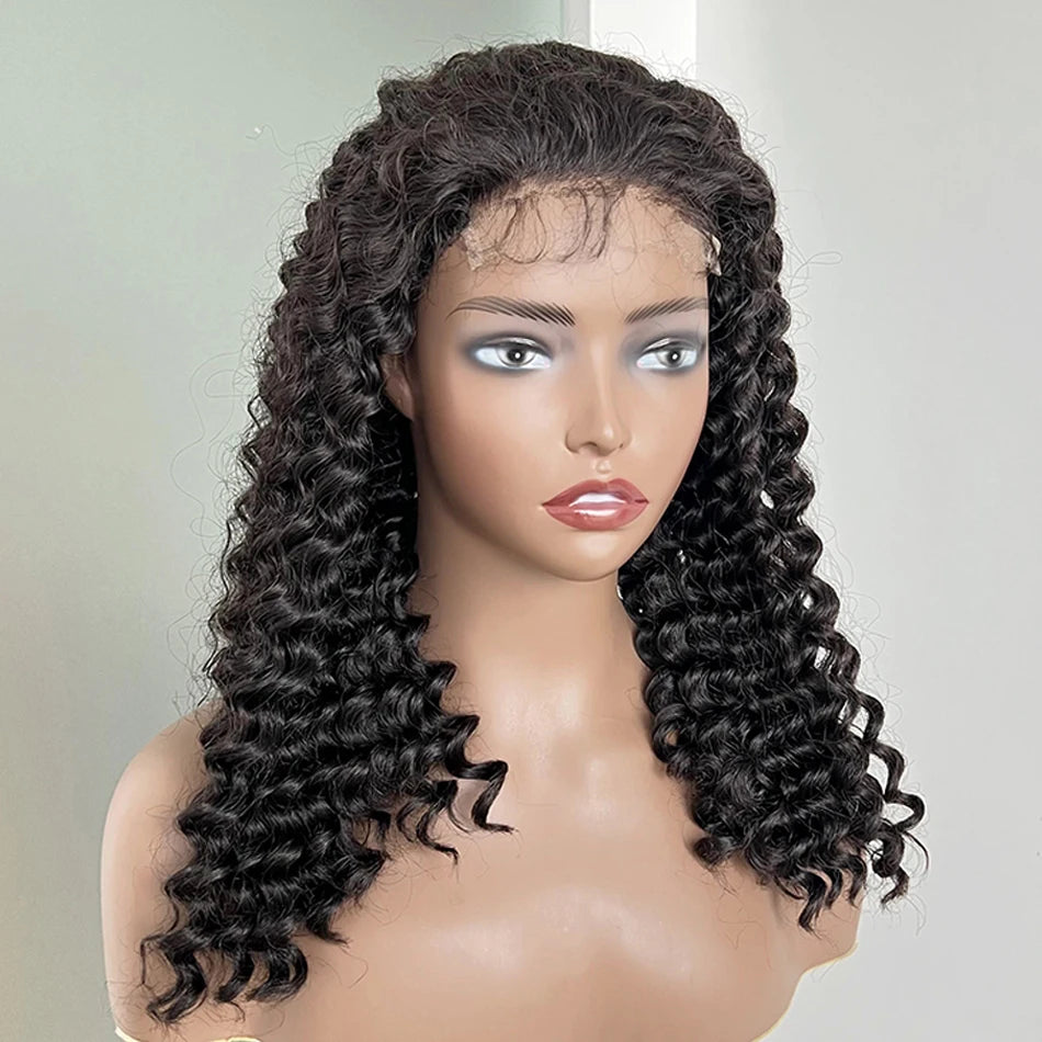 Double Drawn 4x4 HD Lace Closure Wig 13x4 Frontal Wig Deep Wave Human Hair Wigs Preplucked Curly Full #1B Natural Color Raw Hair
