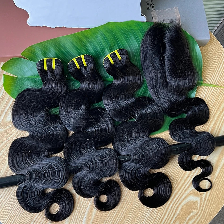 Body Wave Human Hair Bundles With 2x6 Real HD Lace Closure Natural Color 100% Raw Virgin Human Hair Weave Extensions For Women