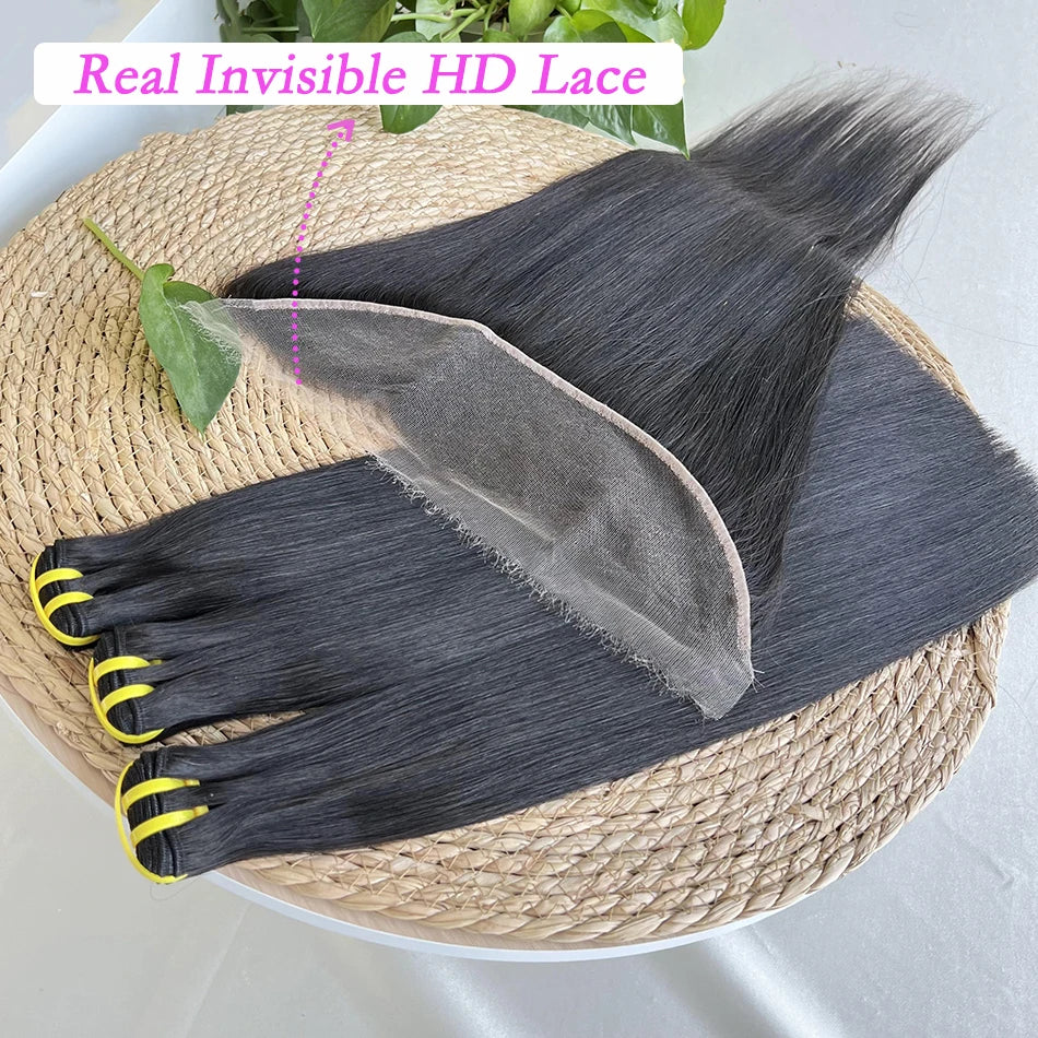 Double Drawn Straight Hair Bundles With 13x4 HD Lace Frontal Natural Color 100% Vietnamese Virgin Human Hair Weave Extensions