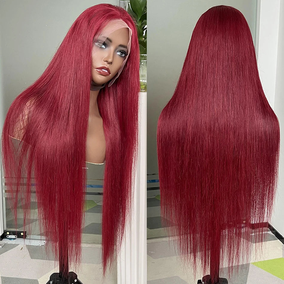 #99J Burgundy Color 13x4 Lace Frontal Wigs 200% Density Human Hair Straight Transparent Lace Preplucked With Baby Hair For Women