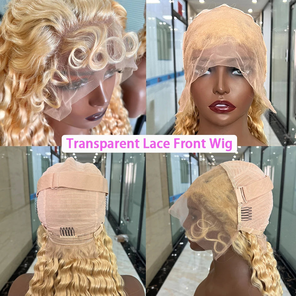 #613 Blonde Color Deep Curly 13x4 Transparent Lace Frontal 200% Density Human Hair Wigs Bleached Knots Preplucked With Baby Hair