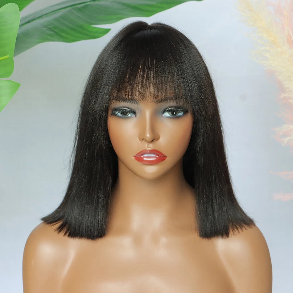 4x1 Lace Light Yaki Straight Short Bob Wig With Bangs Human Hair Glueless Wigs Vietnamese Realistic Scalp Full 200% For Women
