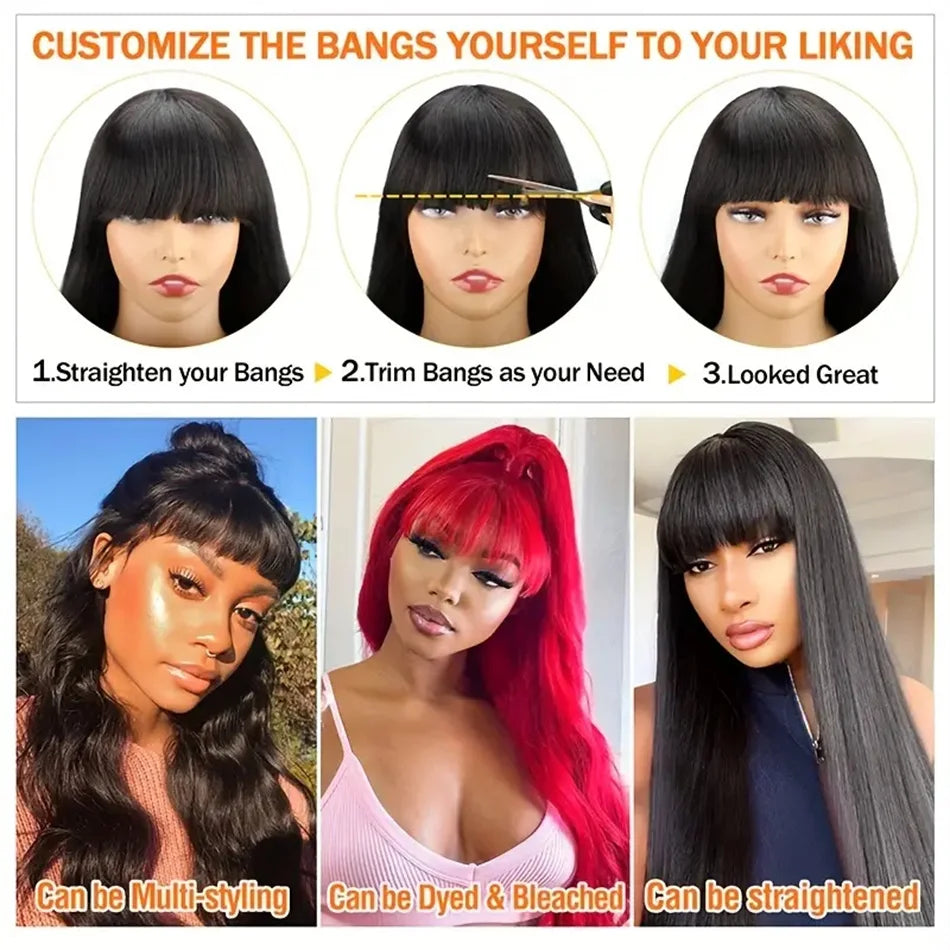 Body Wave Wig with Bangs — 32 Inch, Full Machine Made