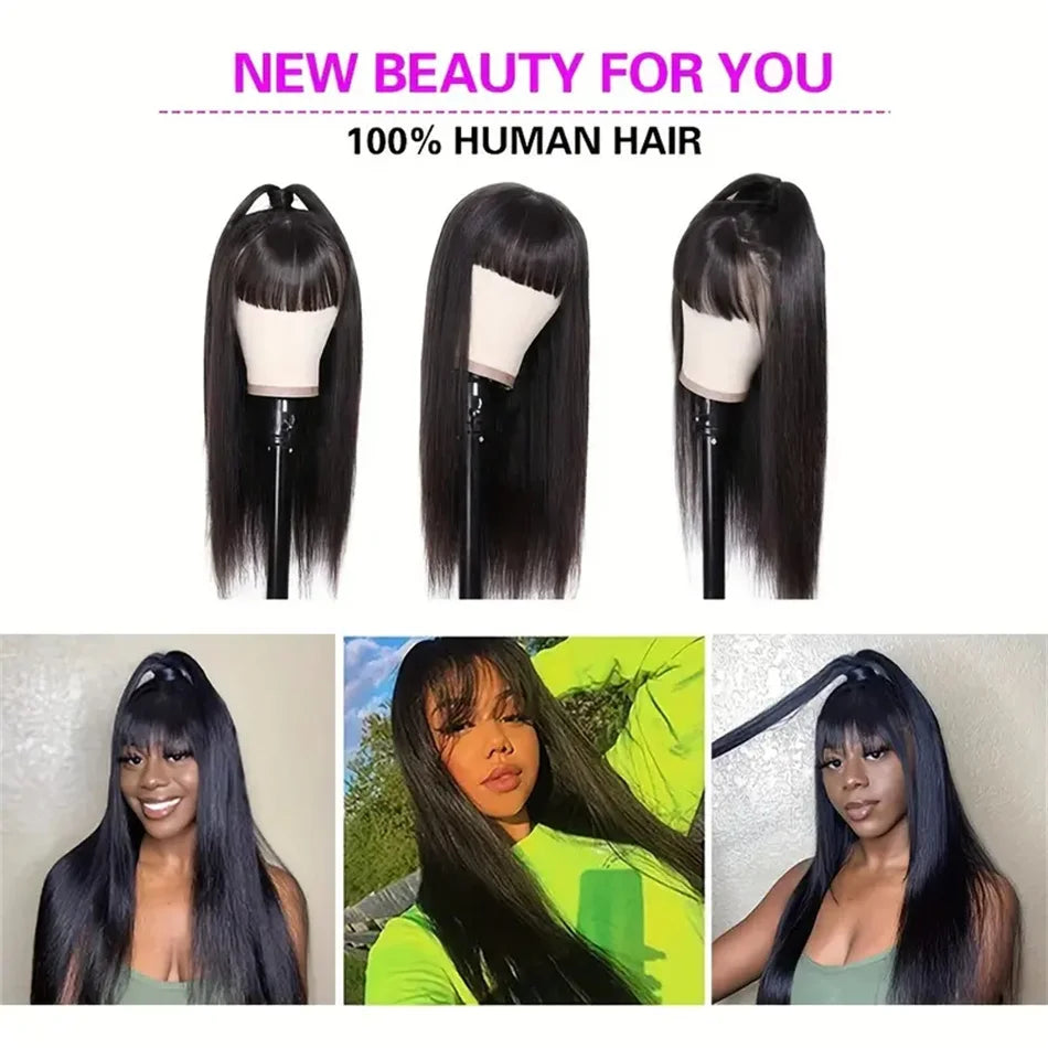 Silky Straight Wig with Bangs — Full Machine Made, Remy Hair