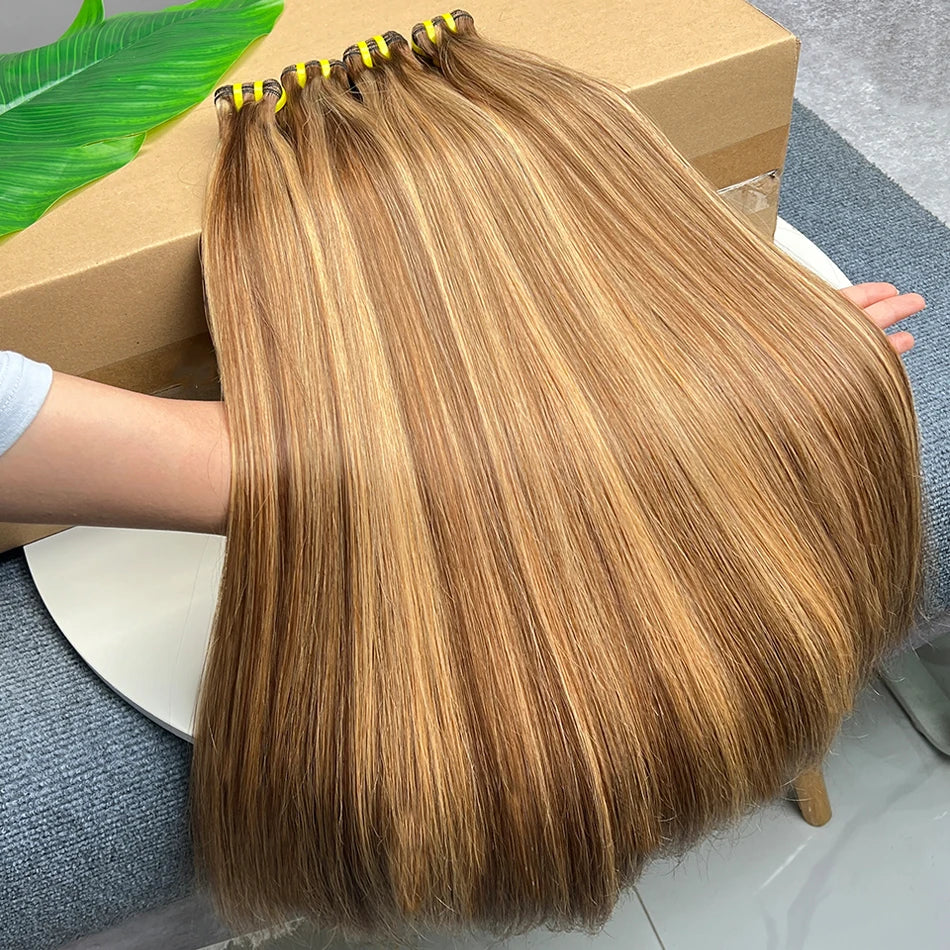 Double Drawn Straight Human Hair Bundles P4/27 Highlight Color Brown Honey Blonde 100% Virgin Hair Weaving Extensions For Women