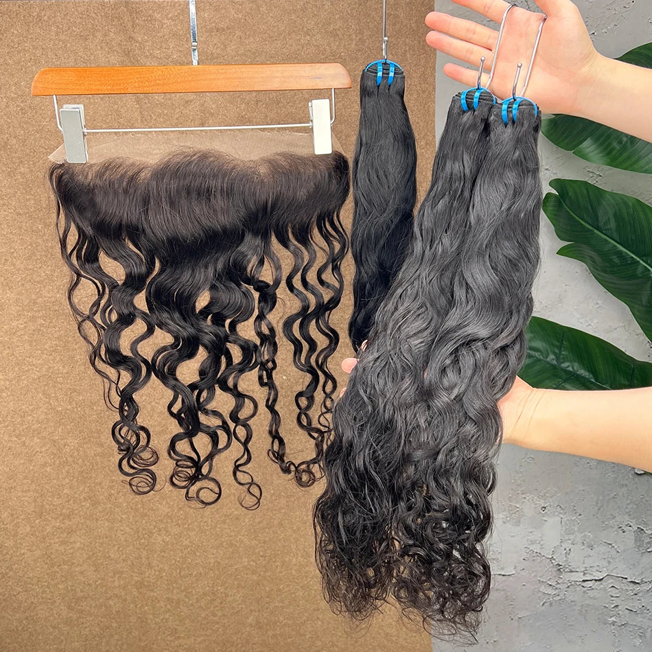 18A Natural Wave Hair Bundles With 13x4 HD Lace Frontal #1B Natural Black Color 100% Raw Virgin Human Hair Weave Extensions