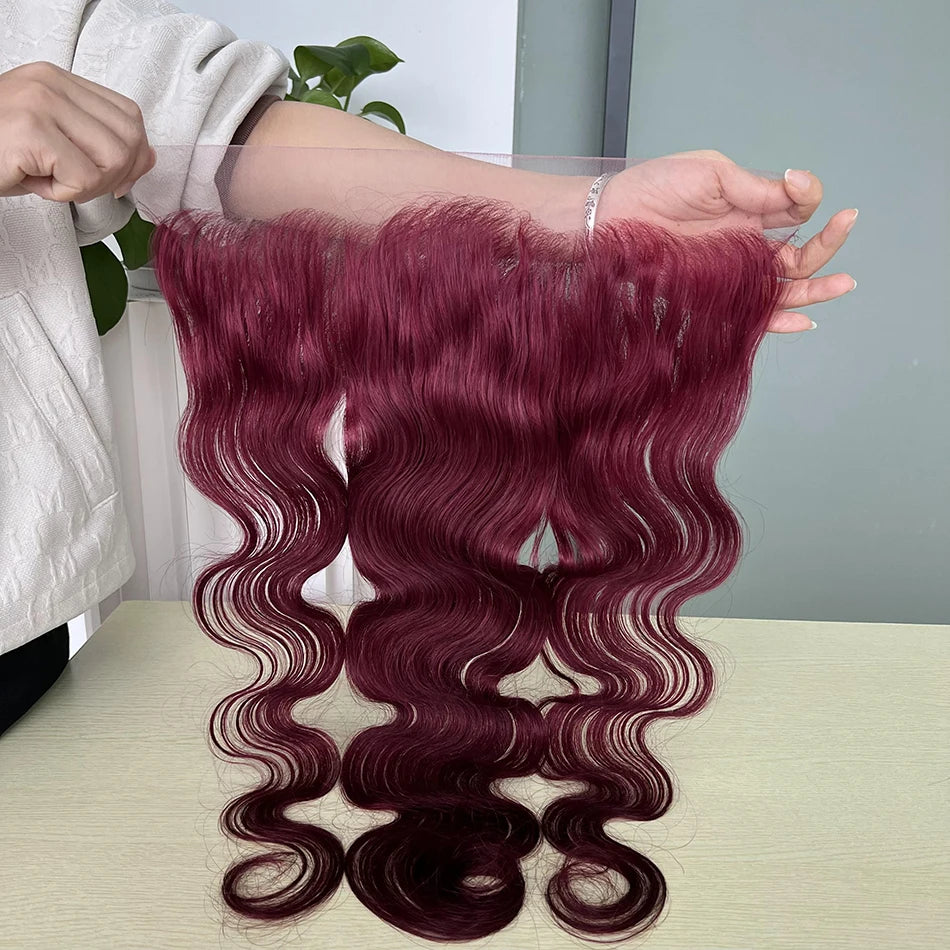 #99J Burgundy Color 13x4 Transparent Lace Frontal Human Hair Body Wave Melt Skin Invisible Lace Pre-Plucked Natural Hairline