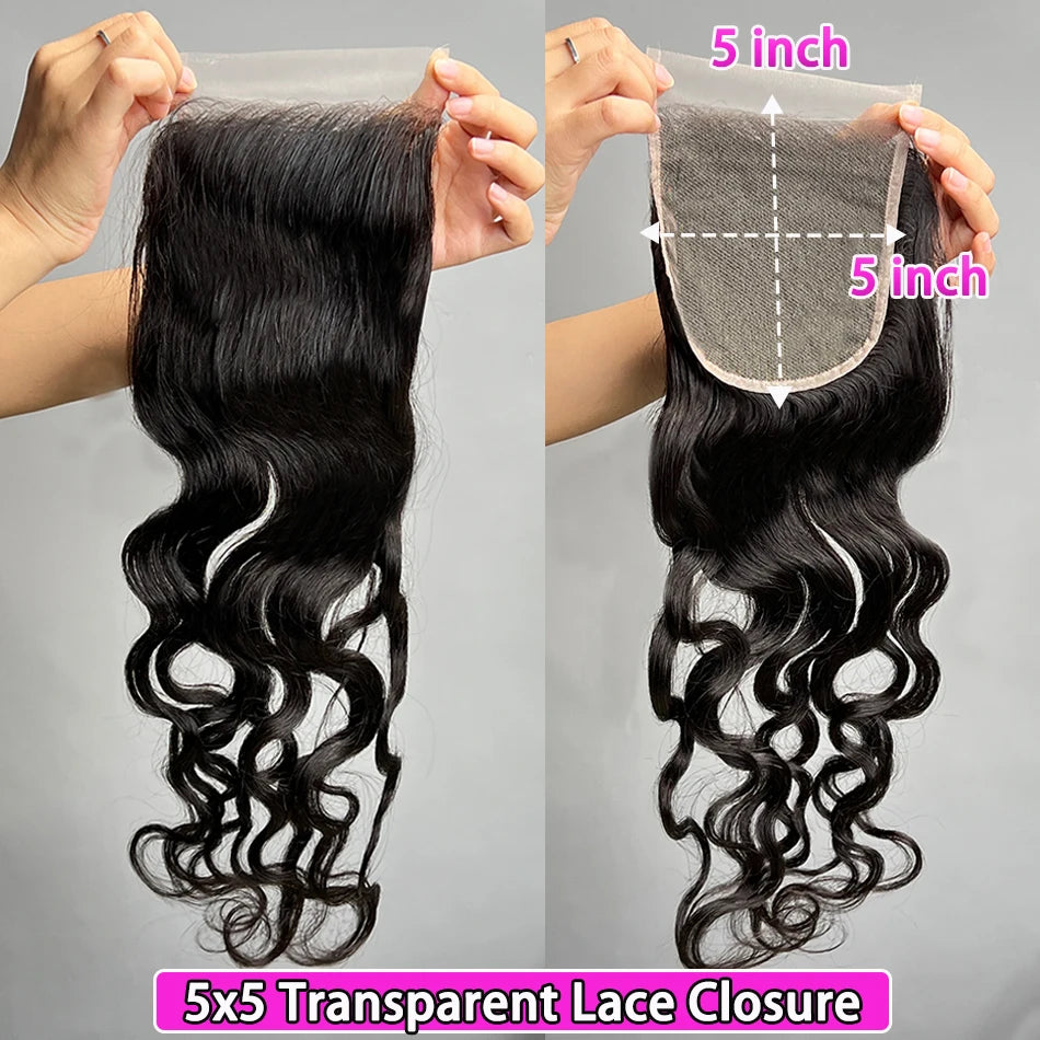 Natural Wave 5x5 Transparent Lace Closure 100% Human Hair #1B Natural Black Color Melt Skin Invisible Lace Raw Virgin Hair