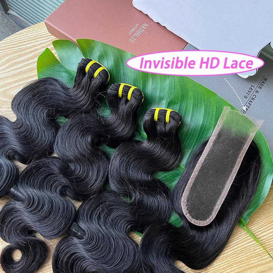Body Wave Human Hair Bundles With 2x6 Real HD Lace Closure Natural Color 100% Raw Virgin Human Hair Weave Extensions For Women