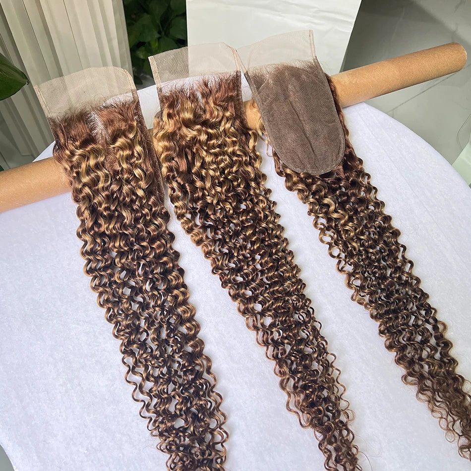 P4/27 Color 4x6 Transparent Lace Closure Deep Curly Highlight Deep Parting Melt Skin Invisible Lace Raw Virgin Curly Human Hair