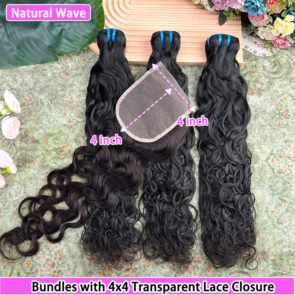 Human Hair Bundles With 4x4 Transparent Lace Closure 18A Natural Wave #1B Natural Black Color 100% Virgin Hair Weave Extensions