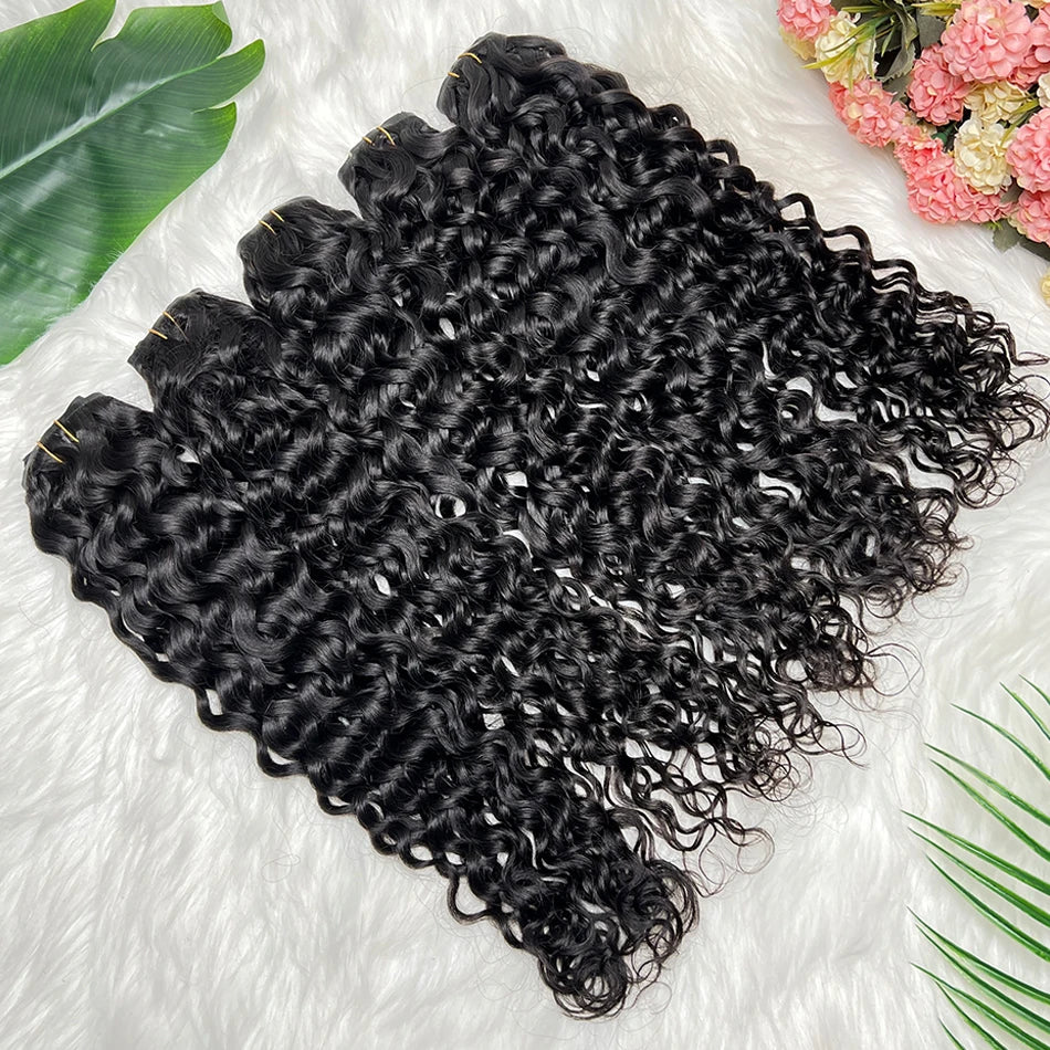 Water Wave Clips in Human Hair Extensions Seamless PU Weft Invisible 100grams 7Pcs/Set Full Unprocessed Raw Hair Natural Color