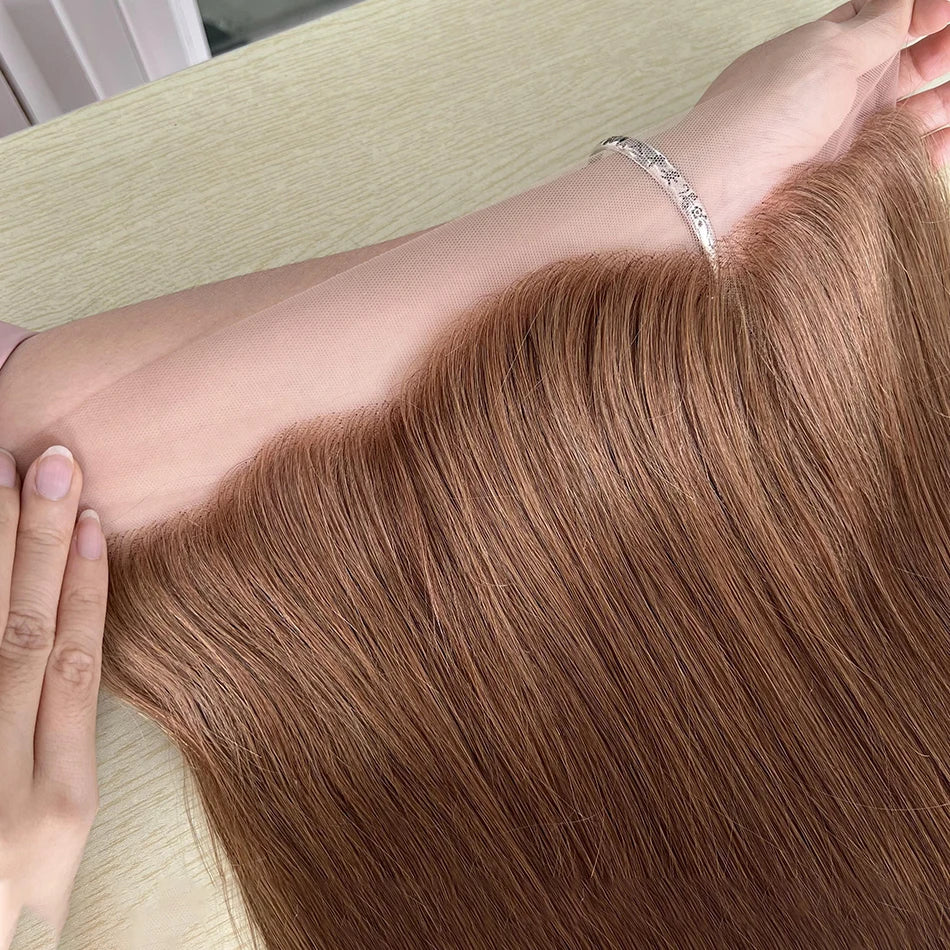 #4 Brown Color 13x4 Lace Frontal Straight Human Hair Melt Skin Invisible Transparent Lace Pre-Plucked Bleached Knots For Women