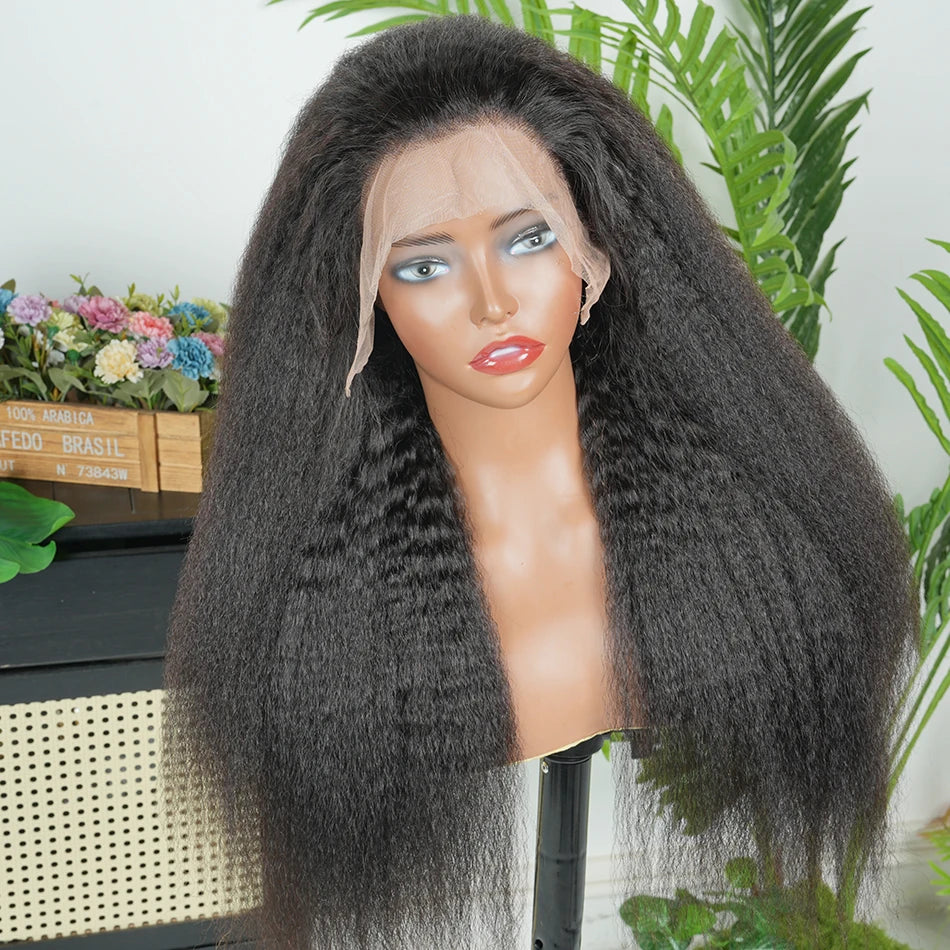 Kinky Straight 13x4 Transparent Lace Frontal Wigs Human Hair 200% Density #1B Natural Black Color Preplucked Lace Front Wig