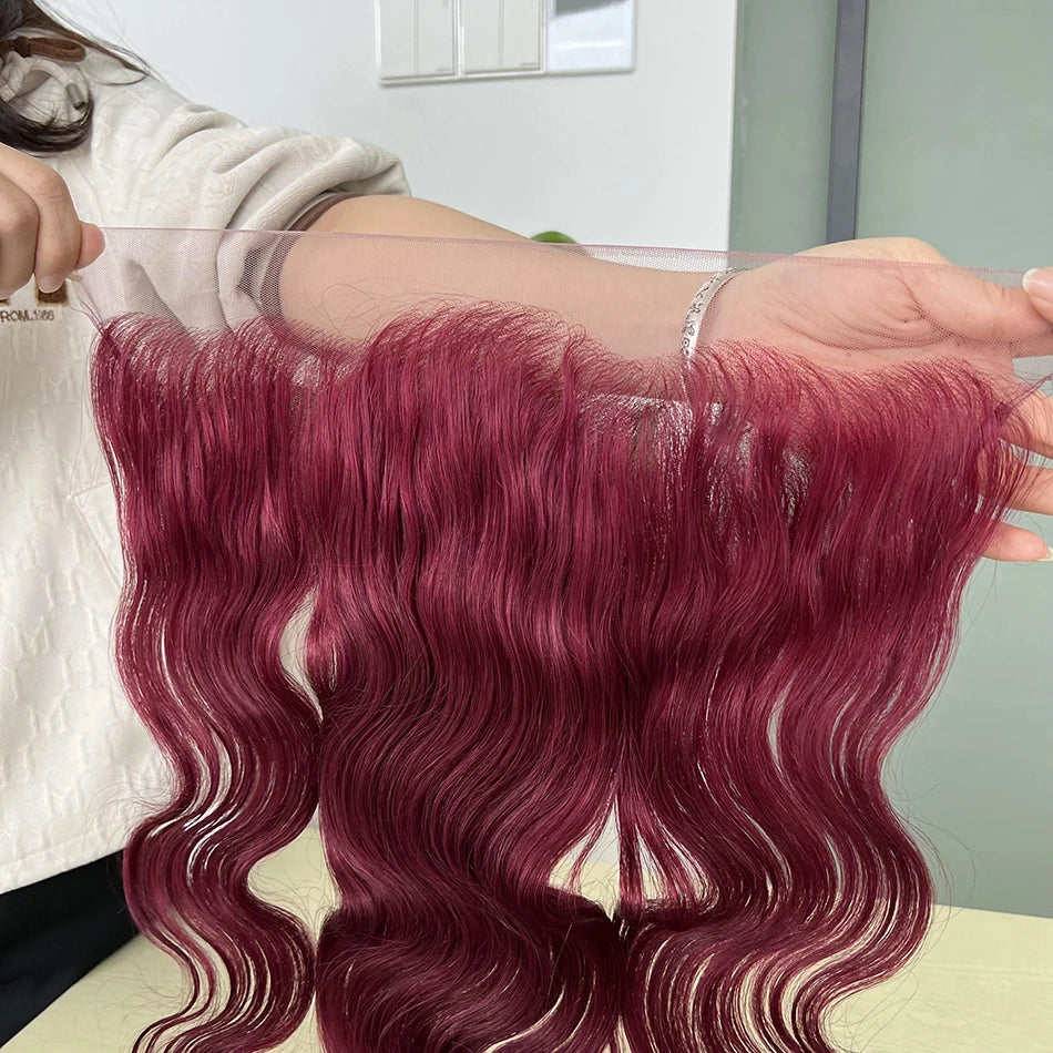 #99J Burgundy Color 13x4 Transparent Lace Frontal Human Hair Body Wave Melt Skin Invisible Lace Pre-Plucked Natural Hairline