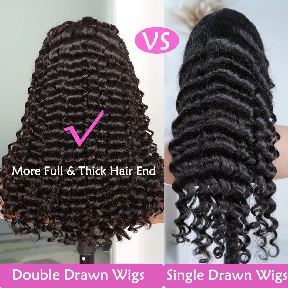 Double Drawn 4x4 HD Lace Closure Wig 13x4 Frontal Wig Deep Wave Human Hair Wigs Preplucked Curly Full #1B Natural Color Raw Hair