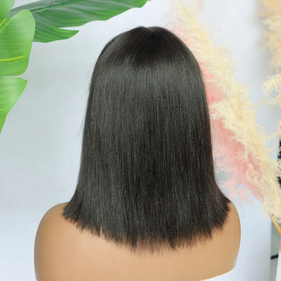 4x1 Lace Light Yaki Straight Short Bob Wig With Bangs Human Hair Glueless Wigs Vietnamese Realistic Scalp Full 200% For Women