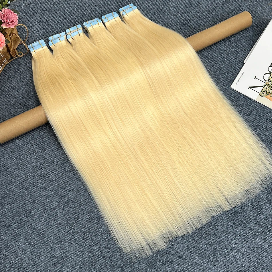 Straight #613 Blonde Colored Invisible PU Tape Ins 100% Human Hair Extensions Seamless PU Weft Adhesives 100grams Tape-Ins Hair