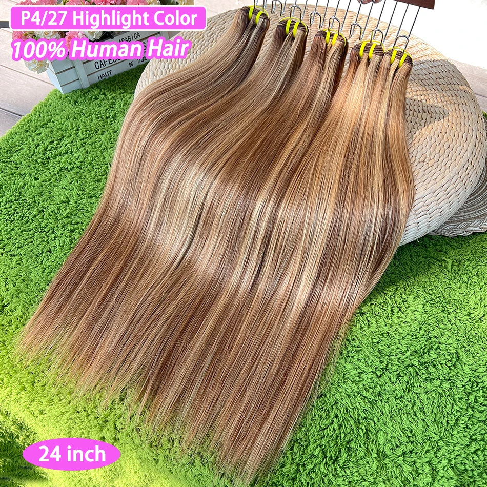 Highlight Color P4/27 Straight Human Hair Bundles Honey Blonde Brown 100 Grams 100% Virgin Hair Weaving Extensions For Women
