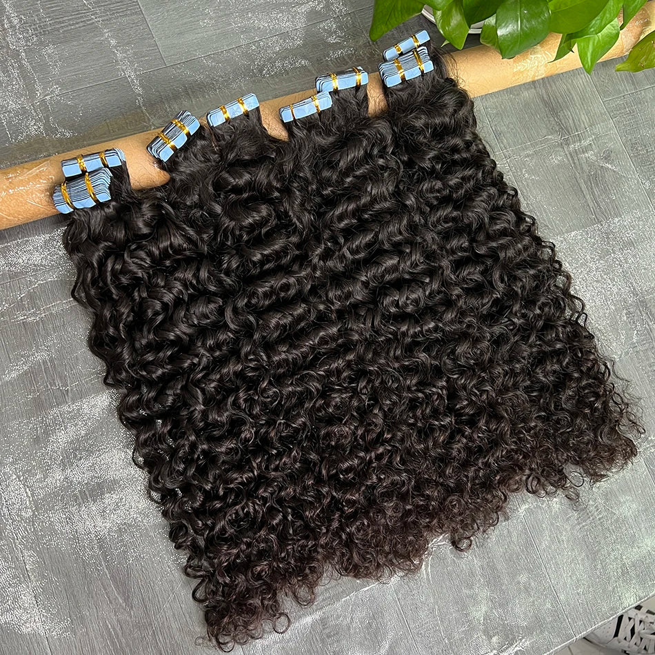 PU Tape In Hair Extensions Deep Curly Human Hair 4x0.8 cm Seamless Weft Hand Tied Adhesives Tape-Ins 100grams Wavy Virgin Hair