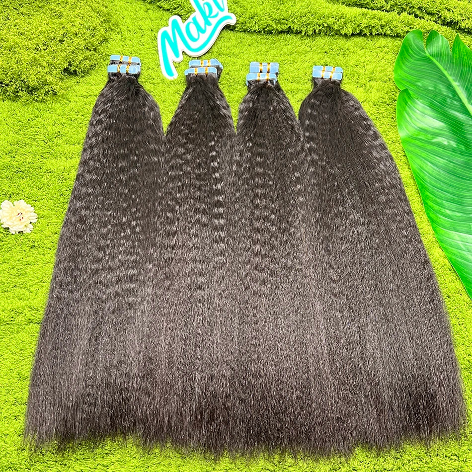 Kinky Straight Double Drawn Tape-Ins 100% Human Hair Extensions Seamless Invisible PU Tape 100grams #1B Natural Color Hair