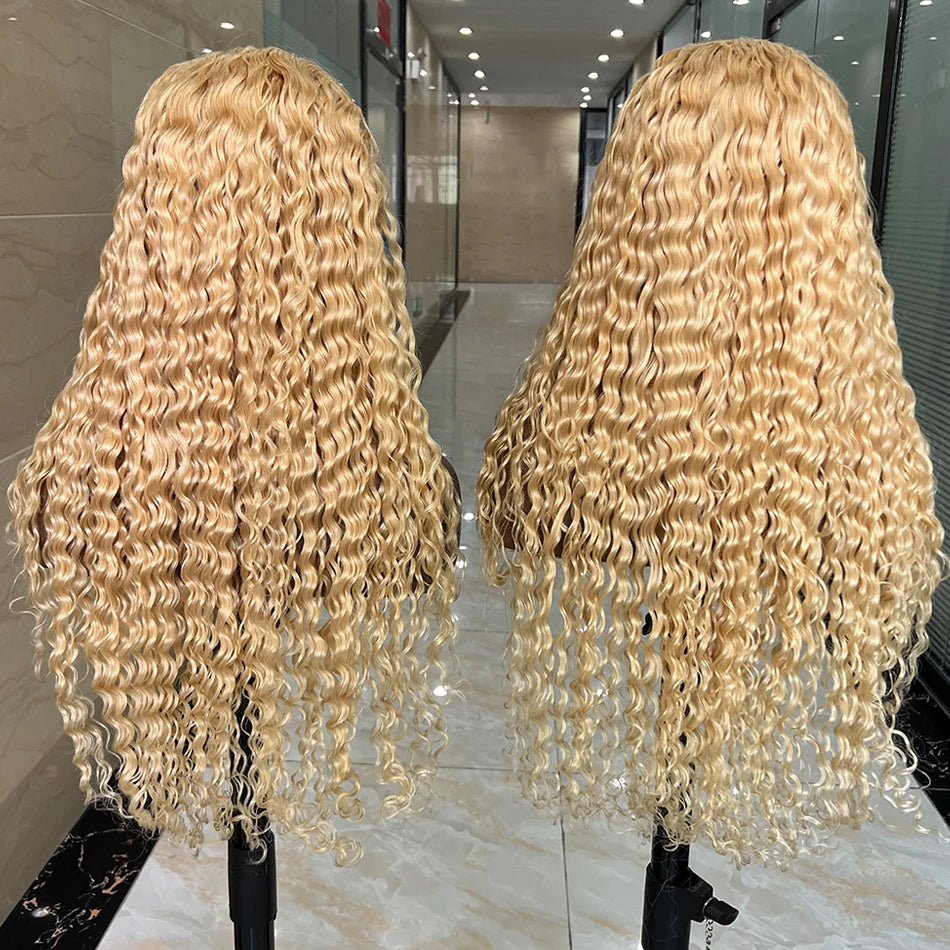 #613 Blonde Color Deep Curly 13x4 Transparent Lace Frontal 200% Density Human Hair Wigs Bleached Knots Preplucked With Baby Hair