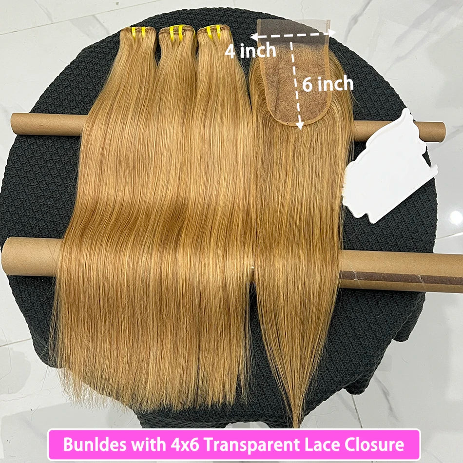 #27 Color Bundles With 4x6 Lace Closure Straight 100% Human Hair Preplucked Bleached Knots Transparent Lace Hair Weave Extension
