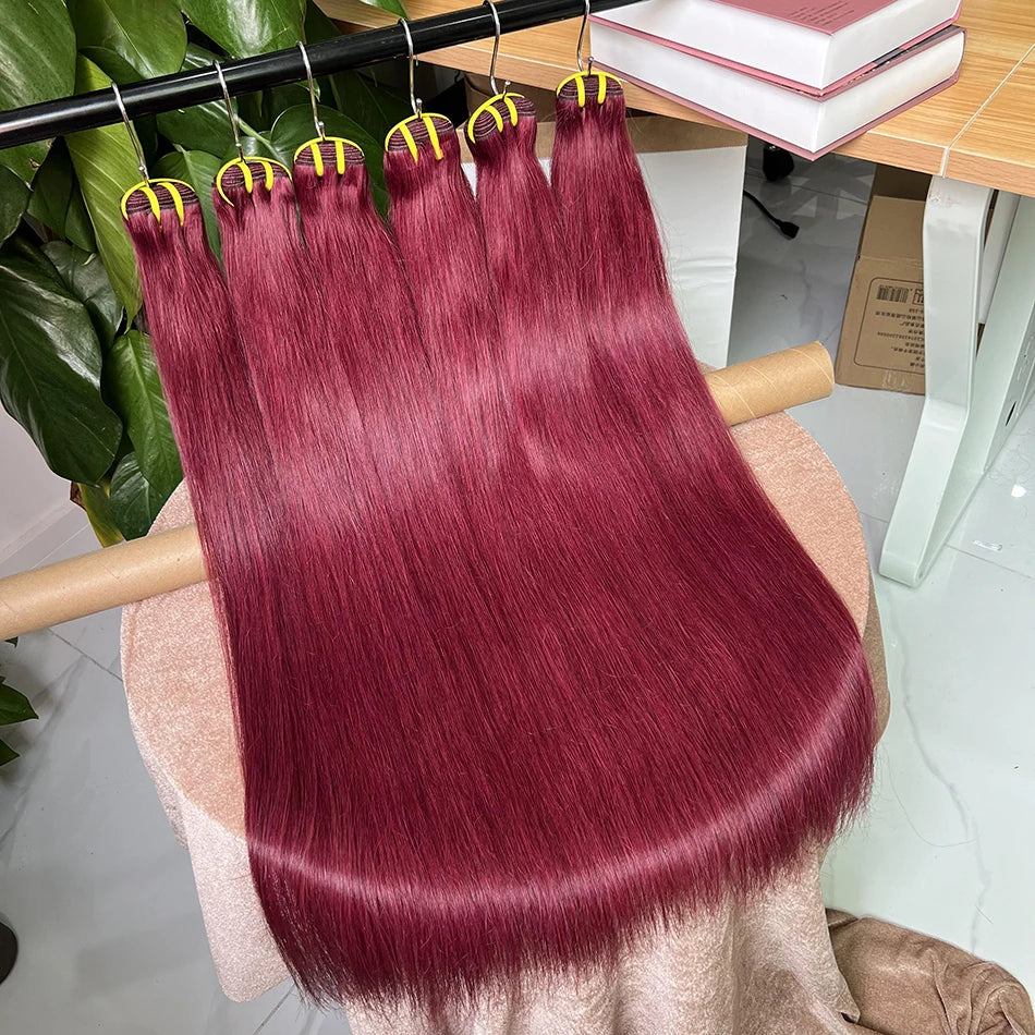 Double Drawn #99j Burgundy Colored Straight Human Hair Bundles 100% Virgin Hair Weaving Extensions 100g 1/2/3/4 pcs For Women