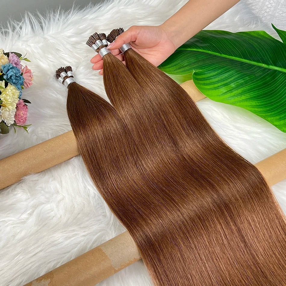#4 Brown Color Straight Ponytail I-Tip Hair Extensions 100% Human Hair Genius Weft 100grams/Bundle Vietnamese Virgin Hair